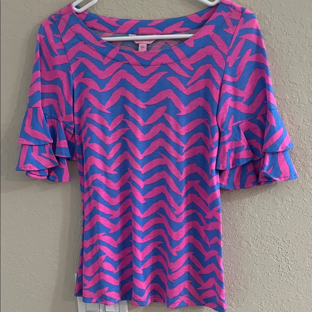Lilly Pulitzer Lula Vibrant Pink and Blue Chevron Blouse